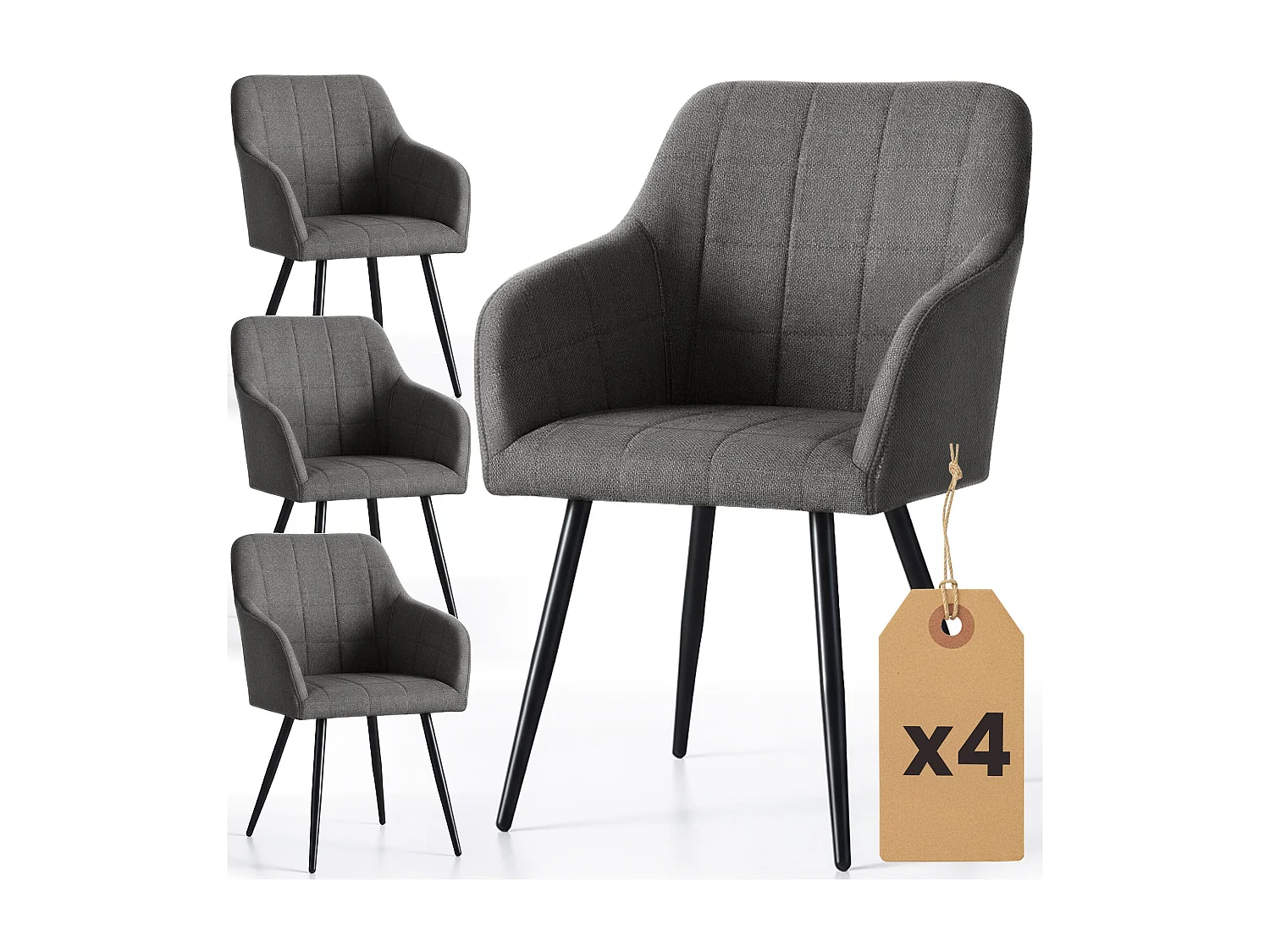 4x Krzesło tapicerowane z przeszyciami kwadratowymi Ciemny Grafit LUXANO Czarne nogi tkanina Lumos 4860969 - obrazek 1