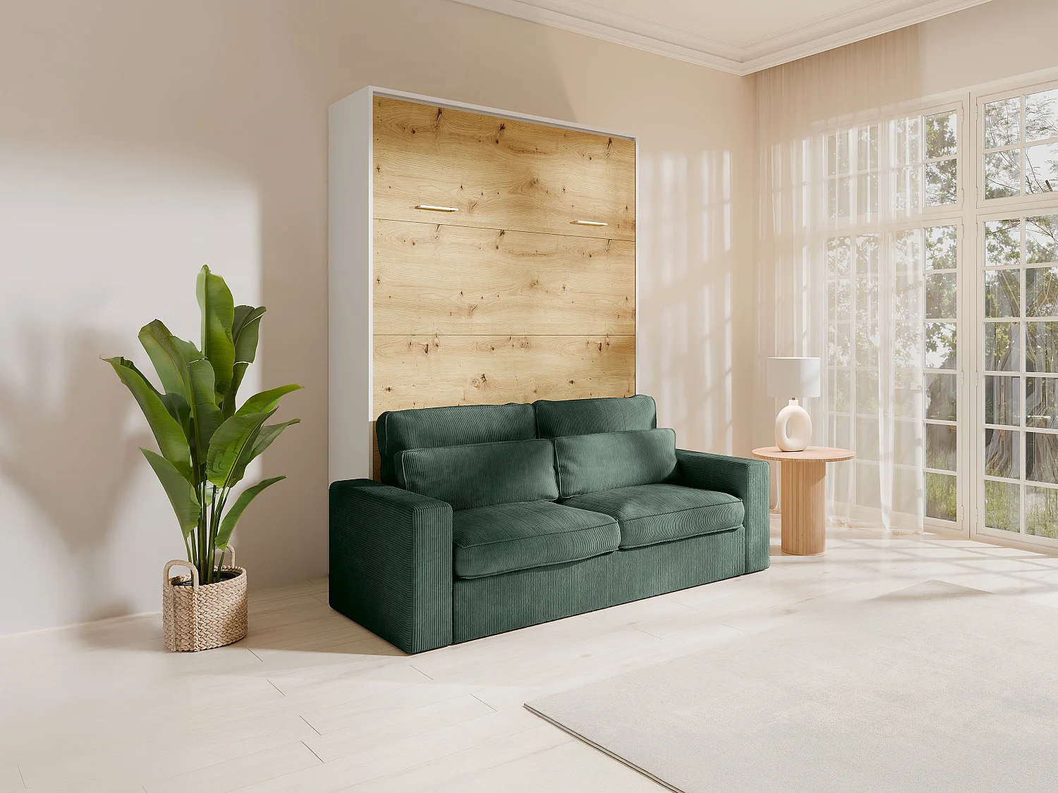 Łóżko chowane w szafie 160 x 200 cm – Ręczne otwieranie pionowe – Kolor: Naturalny i biały + kanapa Zielona – BEGANIO 4861134