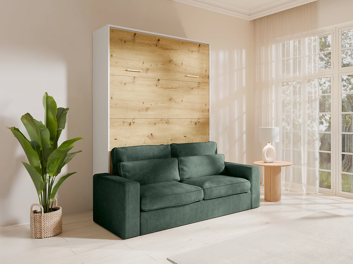 Łóżko chowane w szafie 160 x 200 cm – Ręczne otwieranie pionowe – Kolor: Naturalny i biały + Materac + kanapa zielona – BEGANIO 4861136