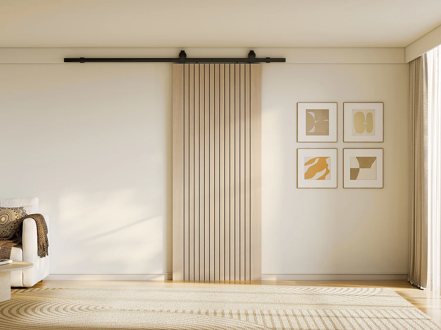 Drzwi przesuwne z systemem naściennym z drewna i prążkowanego MDF – wys.205 x szer.93 cm – AREZO 4862652