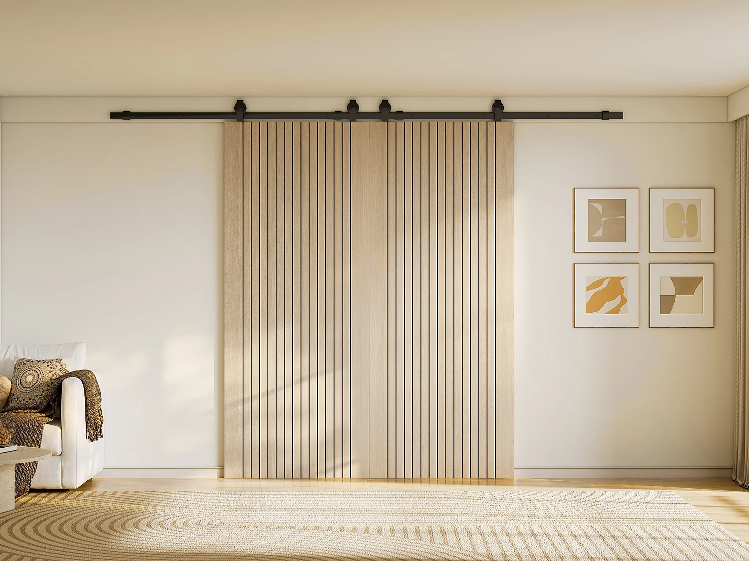 Podwójne drzwi przesuwne z systemem naściennym z drewna i prążkowanego MDF - 2 x wys. 205 x szer. 93 cm - AREZO 4862661 - obrazek 1