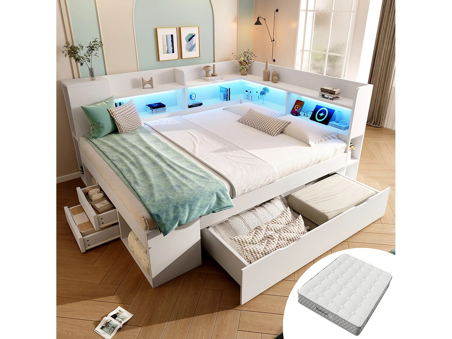 Łóżko dziecięce z pojemnikiem - 140 x 200 cm - z diodami LED + USB + półki + szuflady - drewno - białe (materac w zestawie) 4864264 - obrazek 1