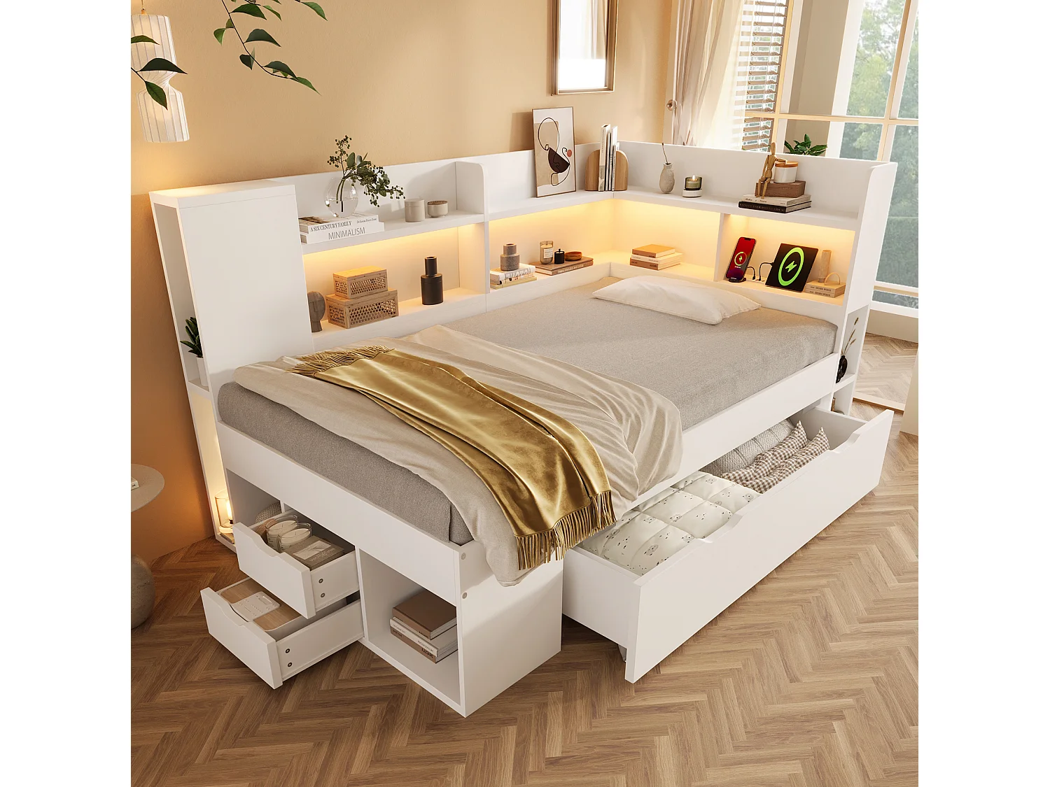 Łóżko dziecięce z pojemnikiem - 90 x 190 cm - z diodami LED + USB + półki + szuflady - drewno - białe 4864291 - obrazek 1
