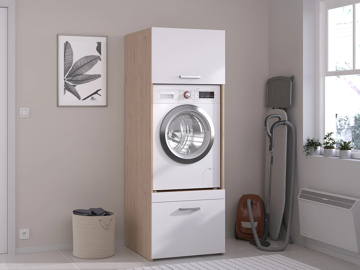Mebel pod pralkę z 1 półką, 1 szufladą i 1 szafką - Jasny naturalny i biały - S64 x W184 - ERKANO 4832833 - obrazek 1