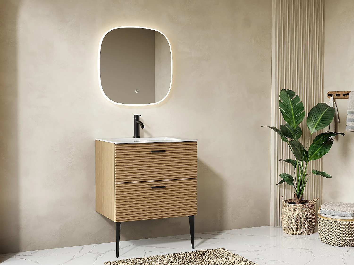 Kwadratowe podświetlane lustro łazienkowe z funkcją przeciw zaparowaniu i przyciskiem dotykowym – 60 x 60 cm – ANOLIVA 4334710