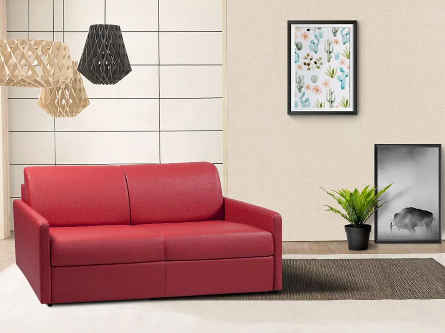 Kanapa 4-osobowa z ekspresowym mechanizmem rozkładania z ekoskóry CALIFE - Kolor: czerwony - Wymiary miejsca do spania: 160 cm - Materac 22 cm z pamięcią kształtu 96103 - obrazek 1