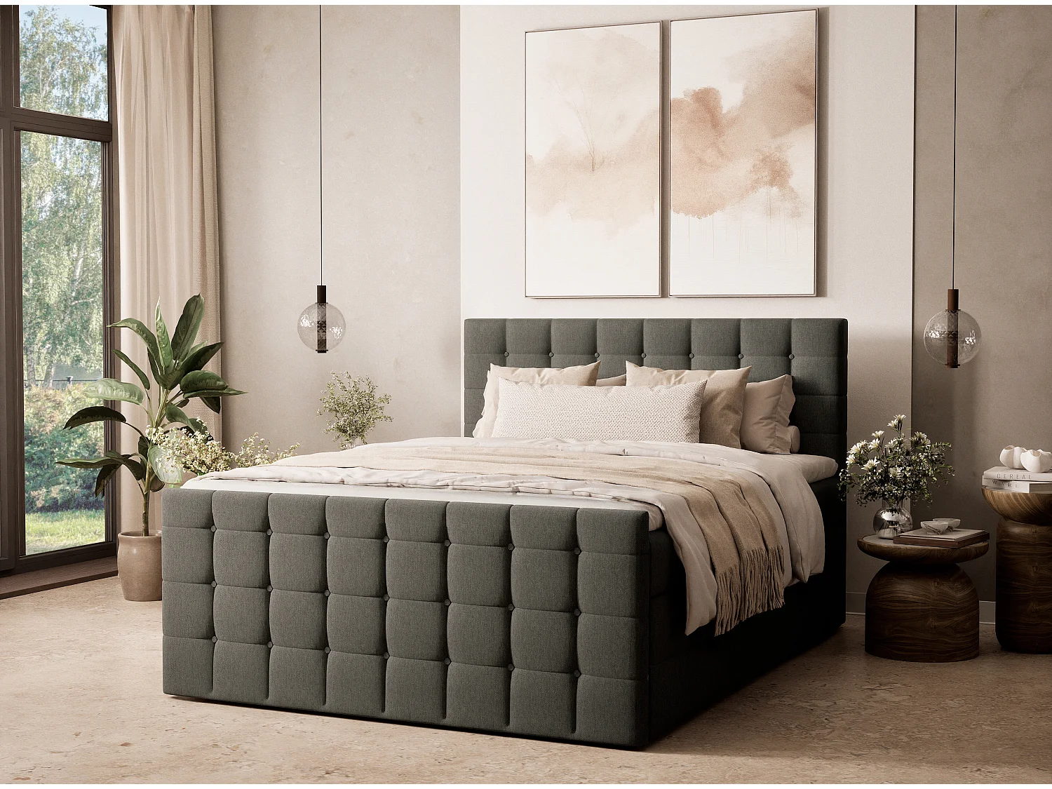 Łóżko boxspring z zagłówkiem + materac + topper - 200x200 cm - grafitowy - TASCA 4865551 - obrazek 1