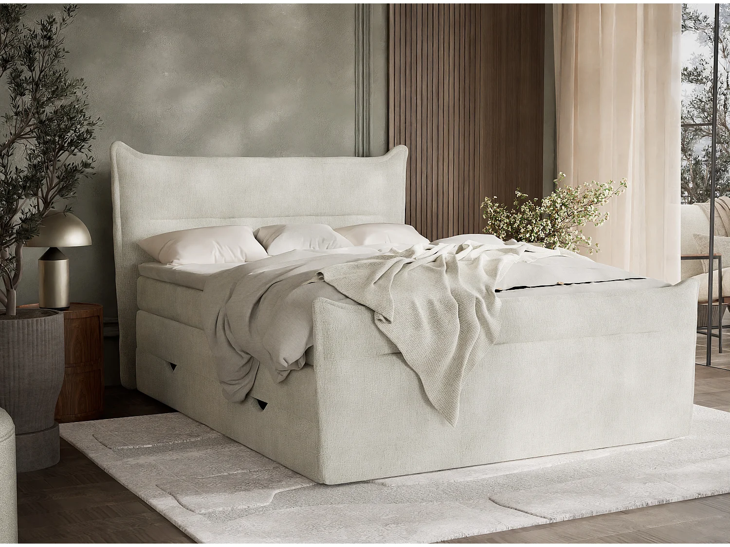 Łóżko boxspring z zagłówkiem + materac + topper - 140x200 cm - kremowy - PELINO 4865562 - obrazek 1