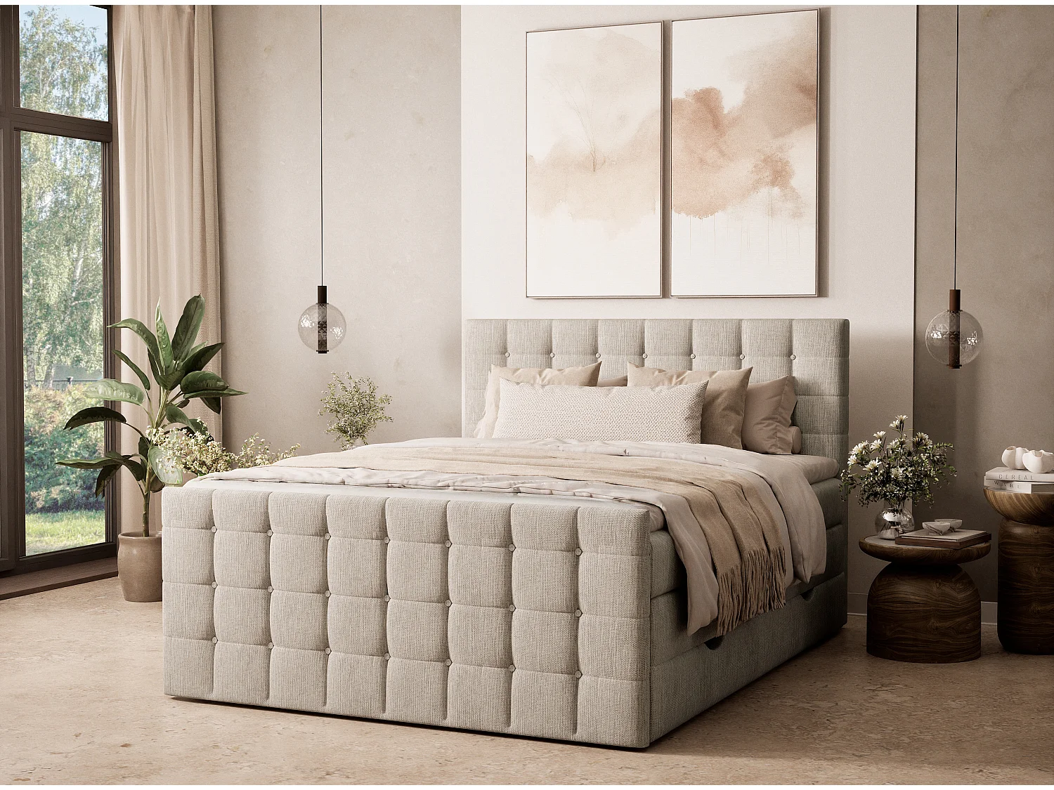 Łóżko boxspring z zagłówkiem + materac + topper - 200x200 cm - beżowy - TASCA 4865586 - obrazek 1