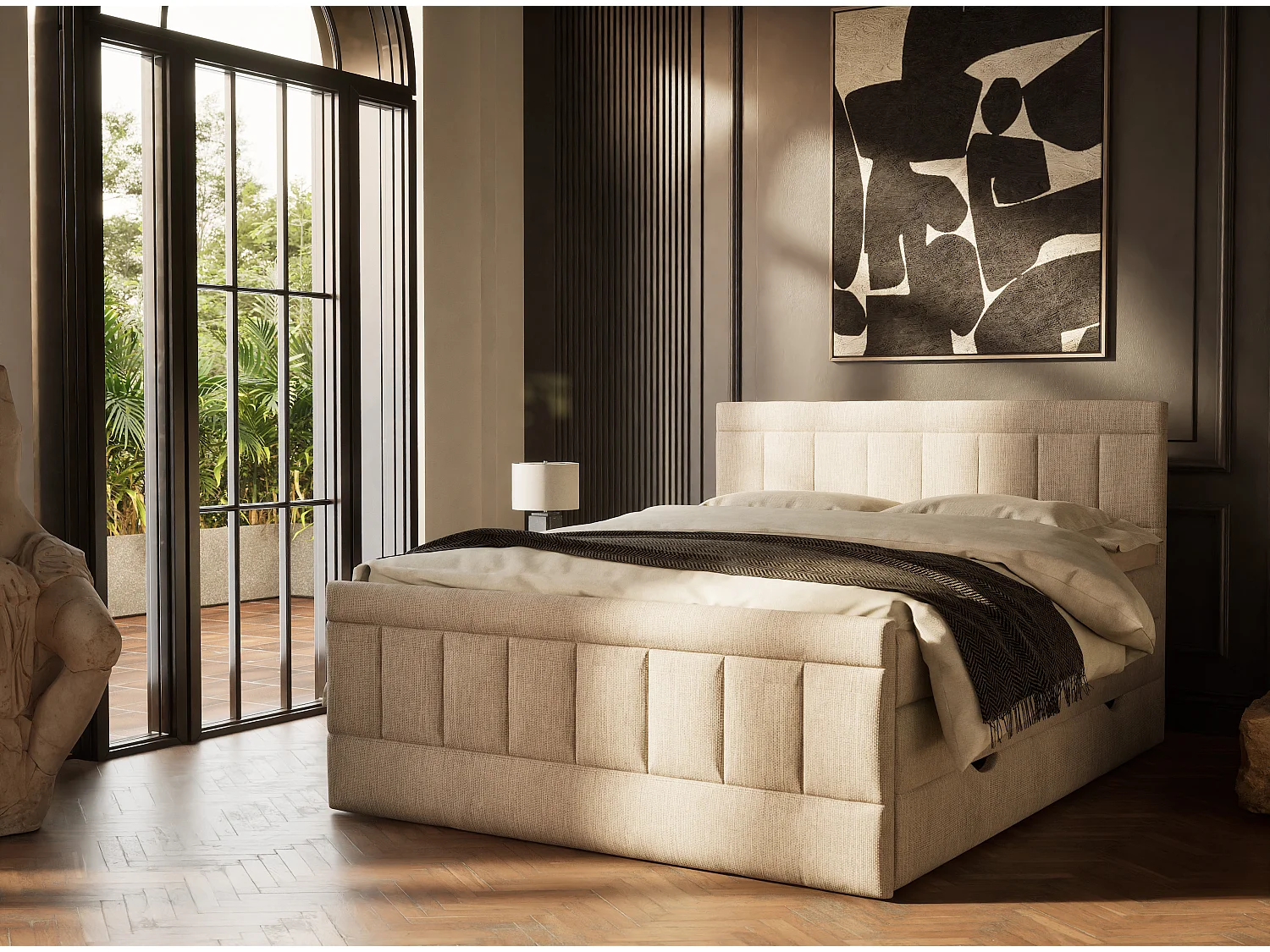 Łóżko boxspring z zagłówkiem + materac + topper - 200x200 cm - beżowy - CAYA 4865594 - obrazek 1