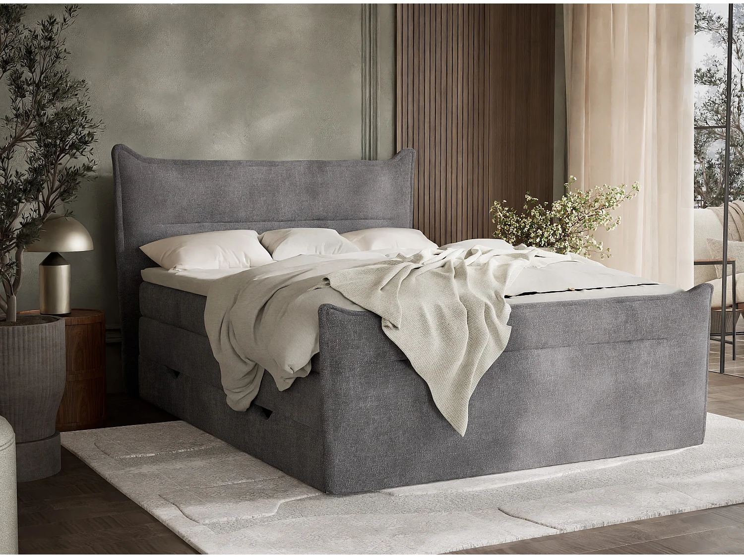 Łóżko boxspring z zagłówkiem + materac + topper - 160x200 cm - szary - PELINO 4865593 - obrazek 1