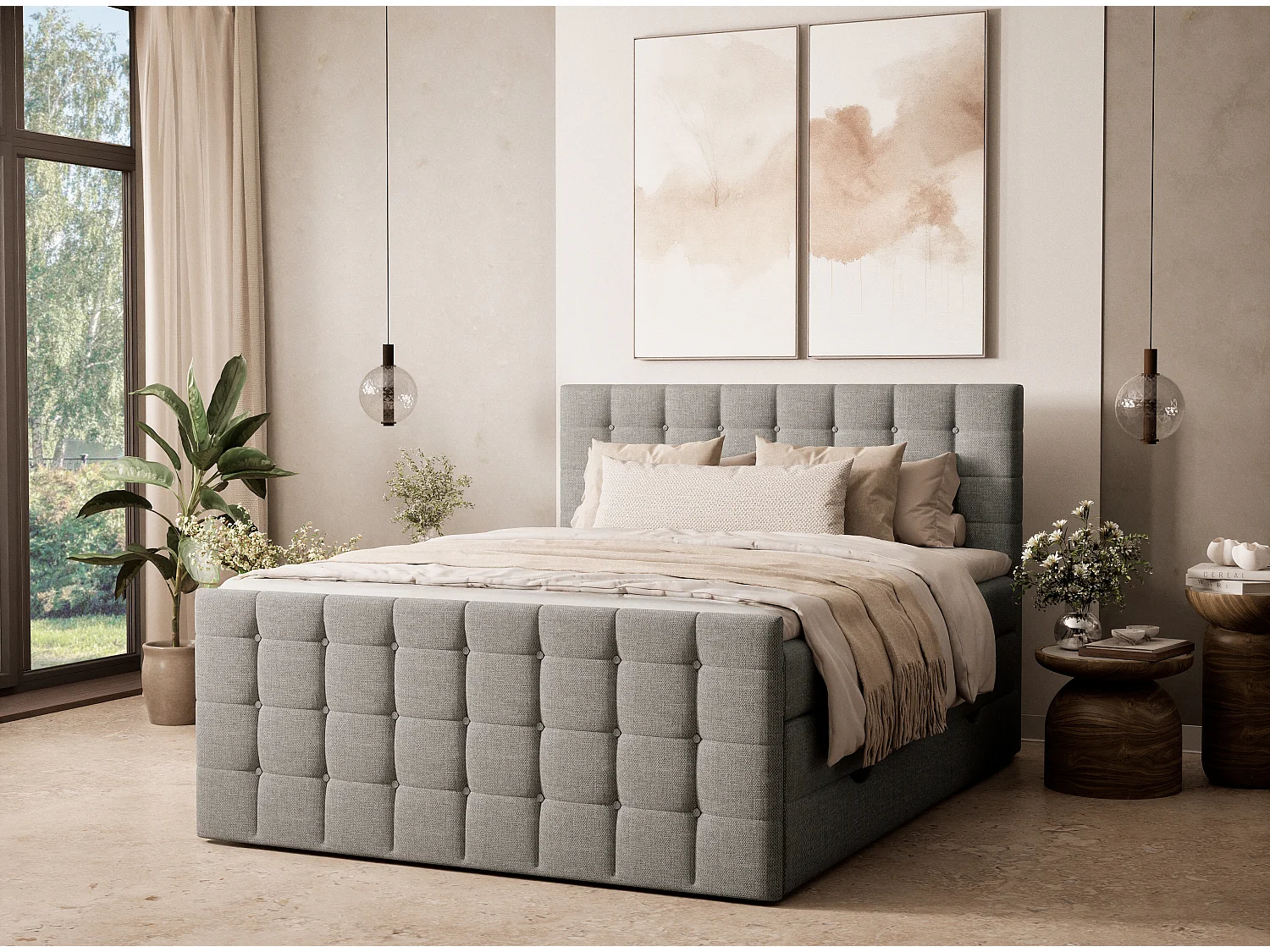 Łóżko boxspring z zagłówkiem + materac + topper - 160x200 cm - szary - TASCA 4865639 - obrazek 1