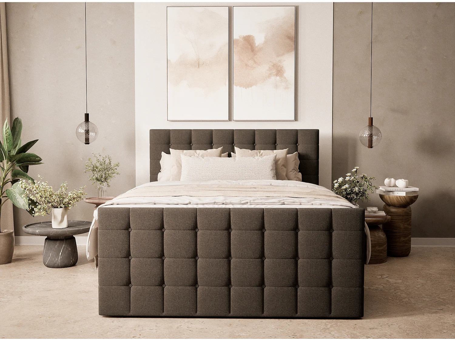 Łóżko boxspring z zagłówkiem + materac + topper - 160x200 cm - brązowy - TASCA 4865662 - obrazek 1