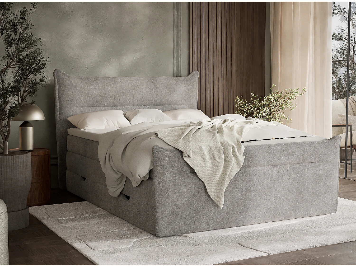 Łóżko boxspring z zagłówkiem + materac + topper - 160x200 cm - beżowoszary - PELINO 4865663 - obrazek 1