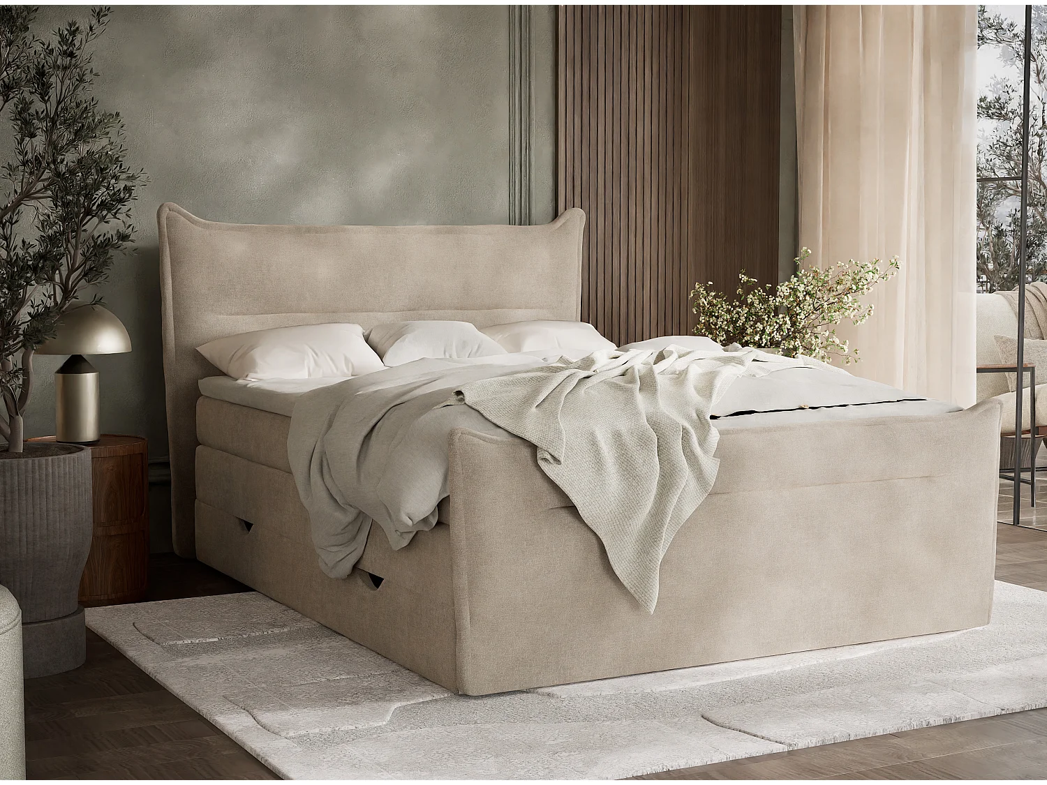 Łóżko boxspring z zagłówkiem + materac + topper - 160x200 cm - beżowy - PELINO 4865675 - obrazek 1