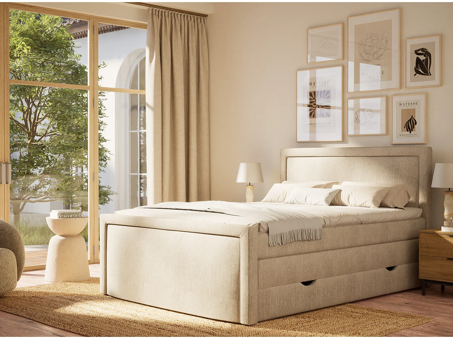Łóżko boxspring z zagłówkiem + materac + topper - 200x200 cm - beżowy - FRESCO 4865680 - obrazek 1