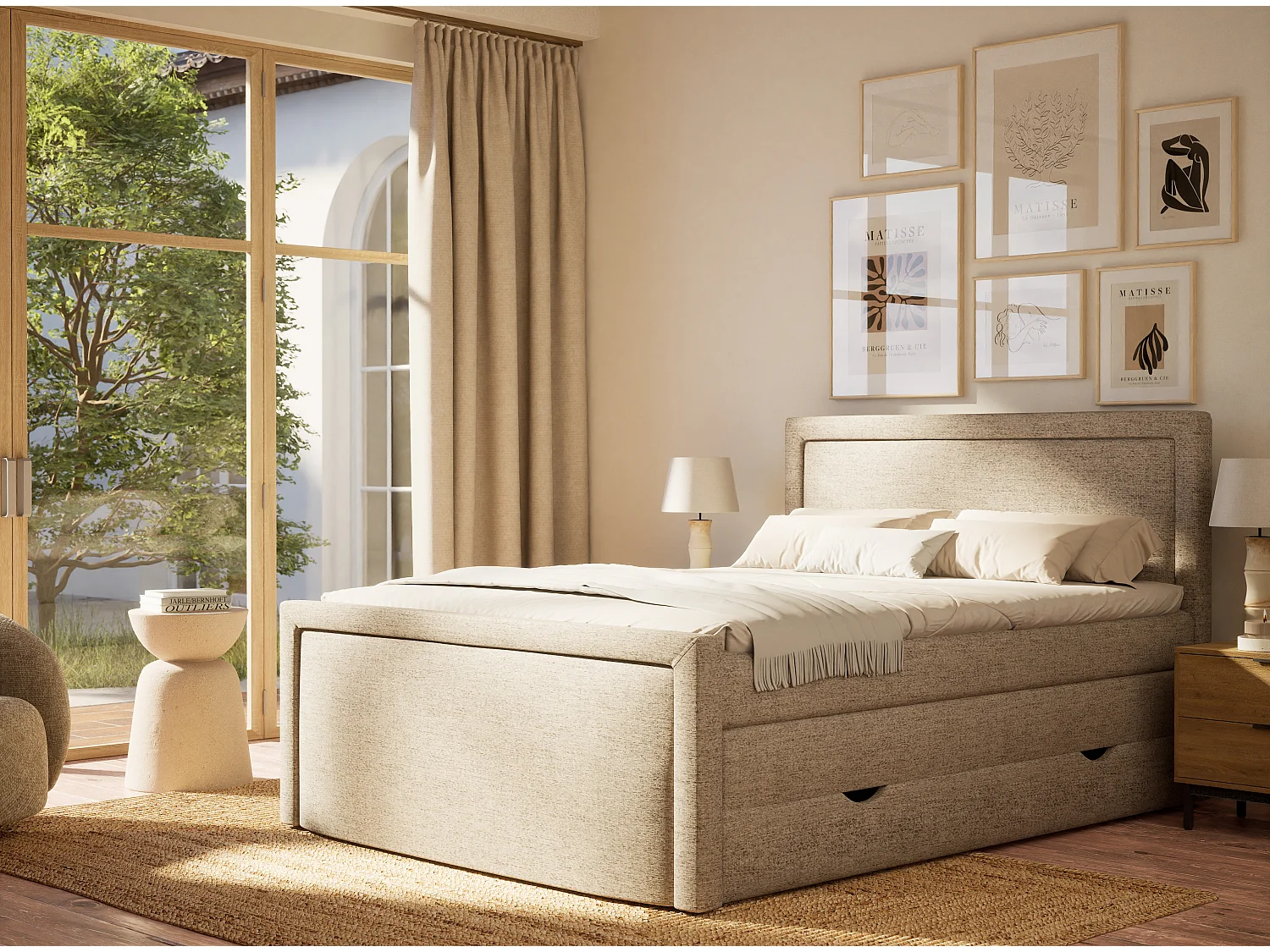 Łóżko boxspring z zagłówkiem + materac + topper - 160x200 cm - jasnobrązowy - FRESCO 4865691 - obrazek 1