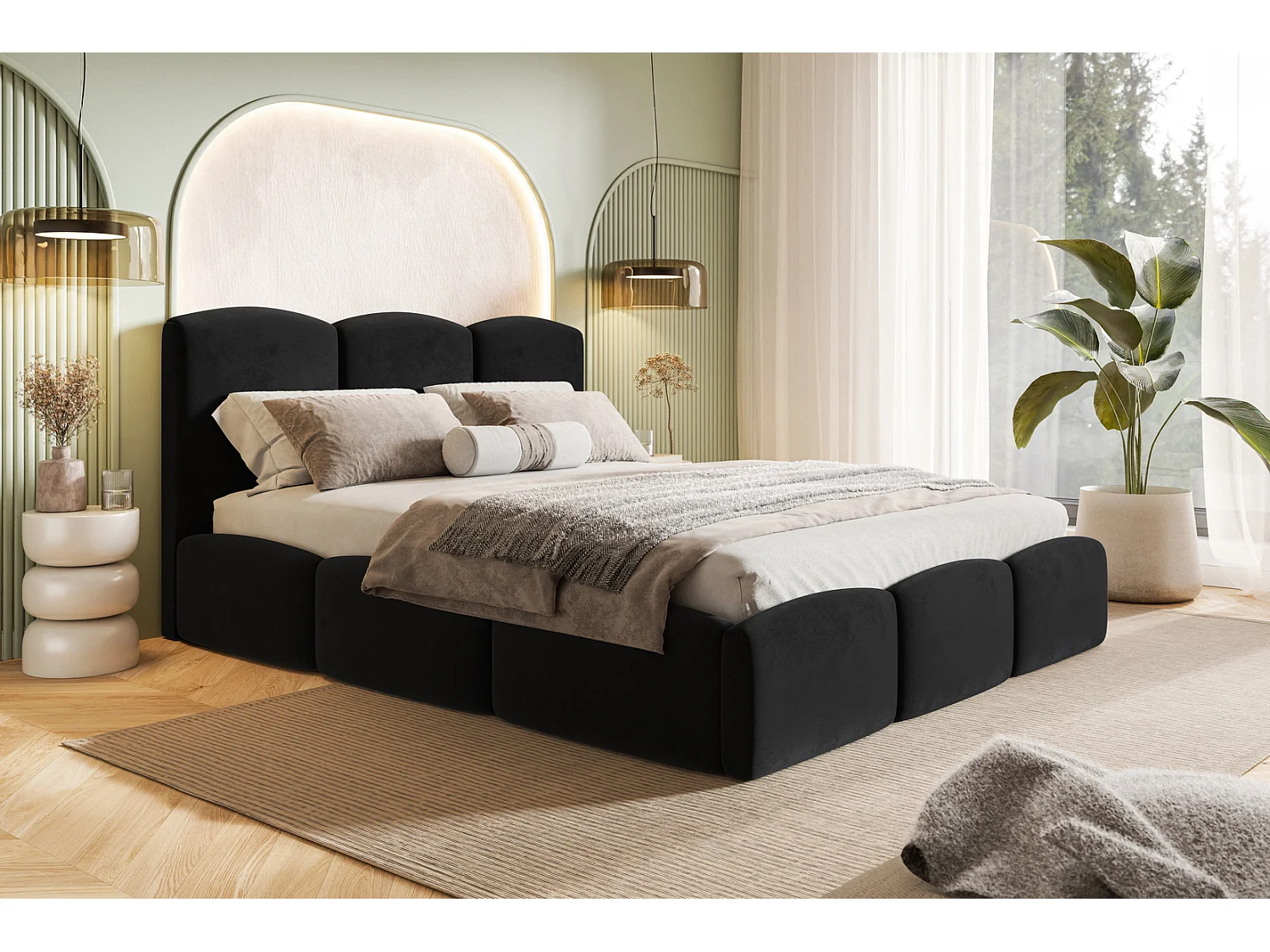 Łóżko dwuosobowe 200x200 Roma Slim - gruba pianka, stelaż metalowy, pojemnik - aksamit czarny (Amor Velvet 4322) 4866651 - obrazek 1