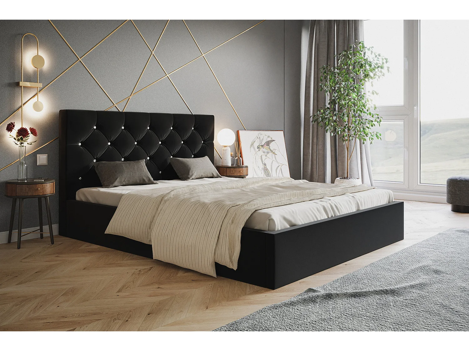 Łóżko dwuosobowe 160x200 Molly z pojemnikiem - welur, stelaż metalowy - czarny (Amor Velvet 4322) 4866655 - obrazek 1