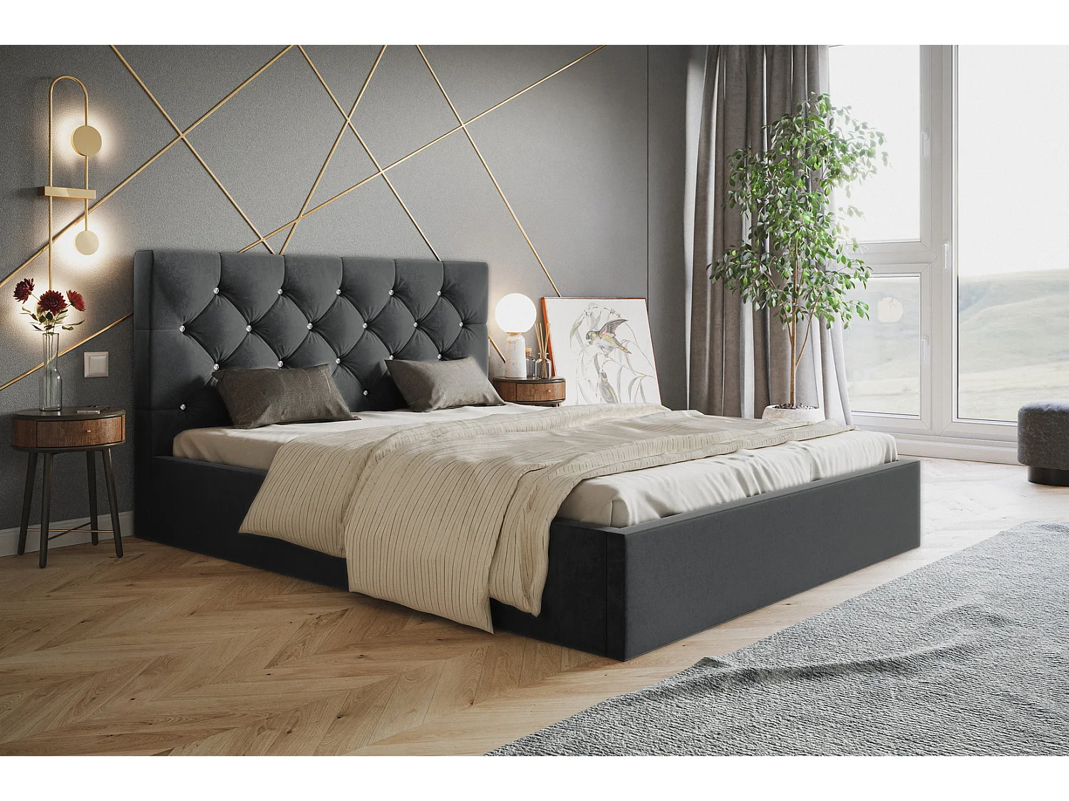 Łóżko dwuosobowe 140x200 Molly z pojemnikiem - welur, stelaż metalowy - ciemny szary (Amor Velvet 4321) 4866724 - obrazek 1
