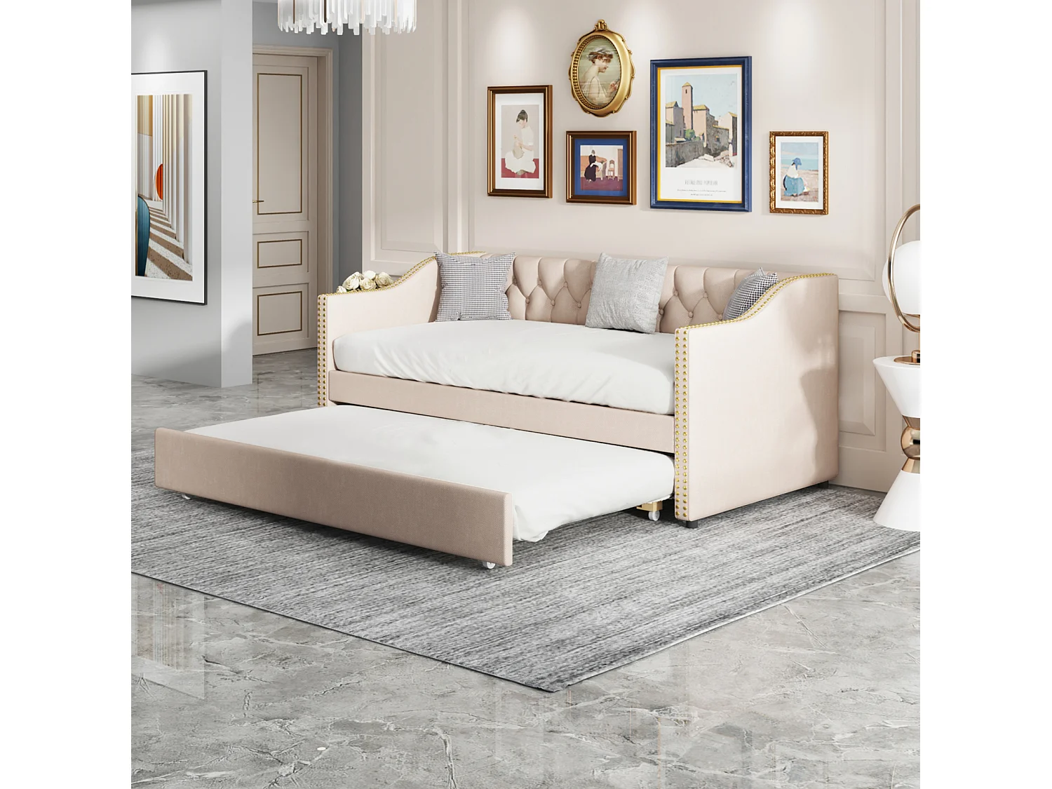 Elegancka Łóżko z Wysuwanym Dodatkowym Łóżkiem – 90×200 cm – Beżowy – Solidna Konstrukcja – Nowoczesny Design 4866937