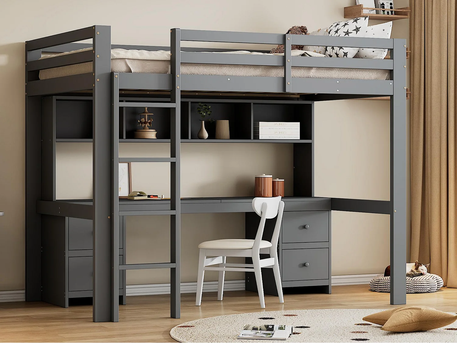 Łóżko mezzanine 90x200cm - z biurkiem i 2 komodami - z drewna sosnowego i MDF - Szare 1984673 - obrazek 1