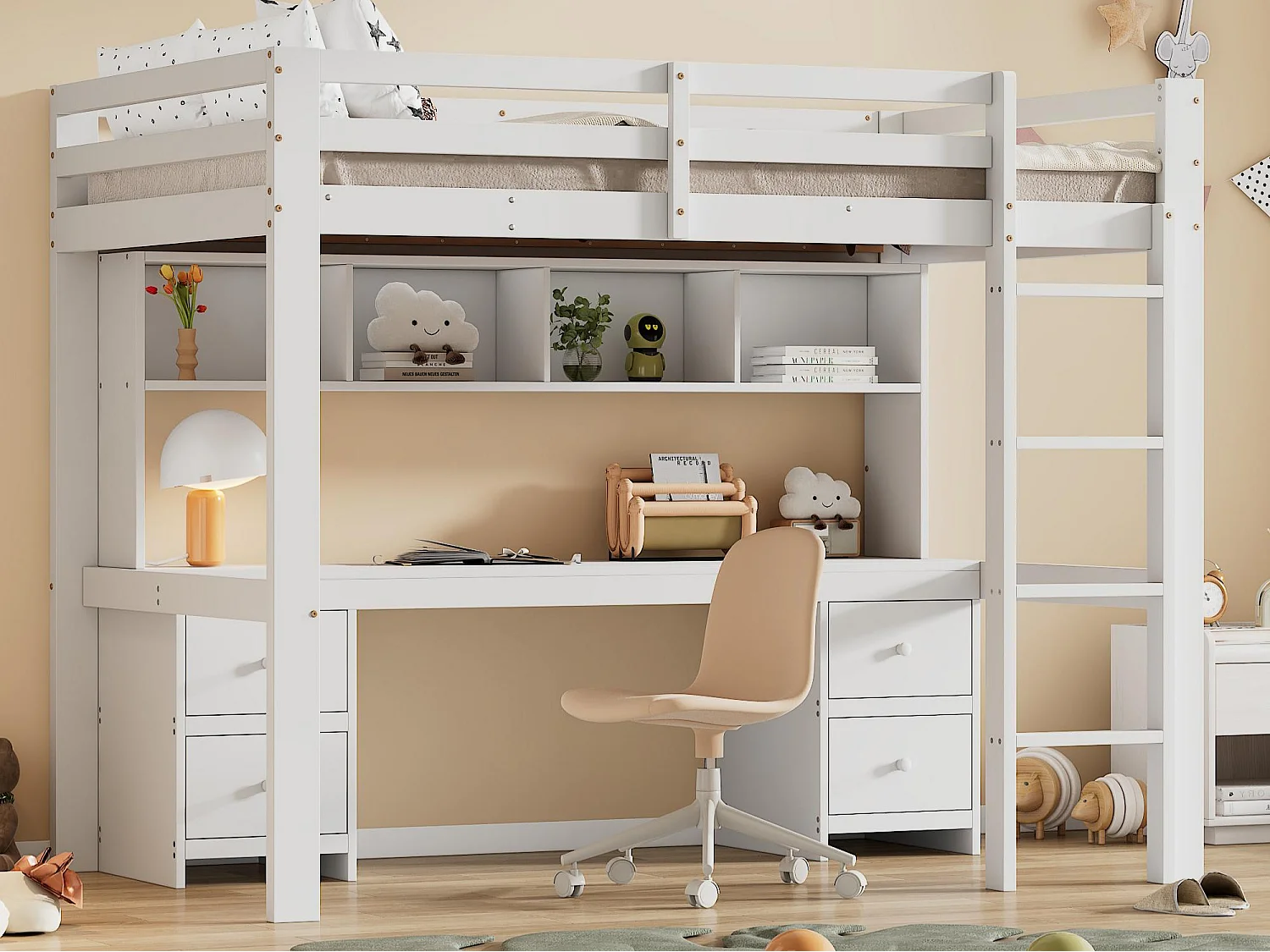 Łóżko mezzanine 90x200cm - z biurkiem i 2 komodami - z litego sosnowego drewna i MDF - Białe 1984677 - obrazek 1