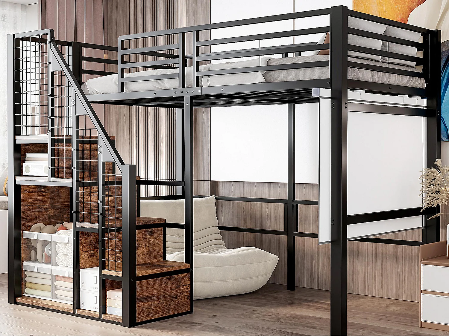 Łóżko mezzanine dla dzieci 90x200cm - z drabiną bezpieczeństwa i schowkami - Czarne 3187935 - obrazek 1