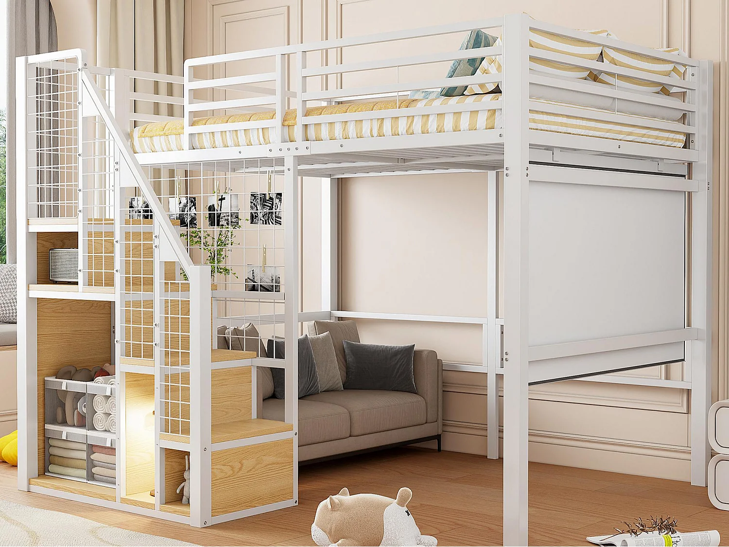 Łóżko mezzanine dla dzieci 140x200cm - z drabiną zabezpieczającą i schowkami - Białe 3187936 - obrazek 1