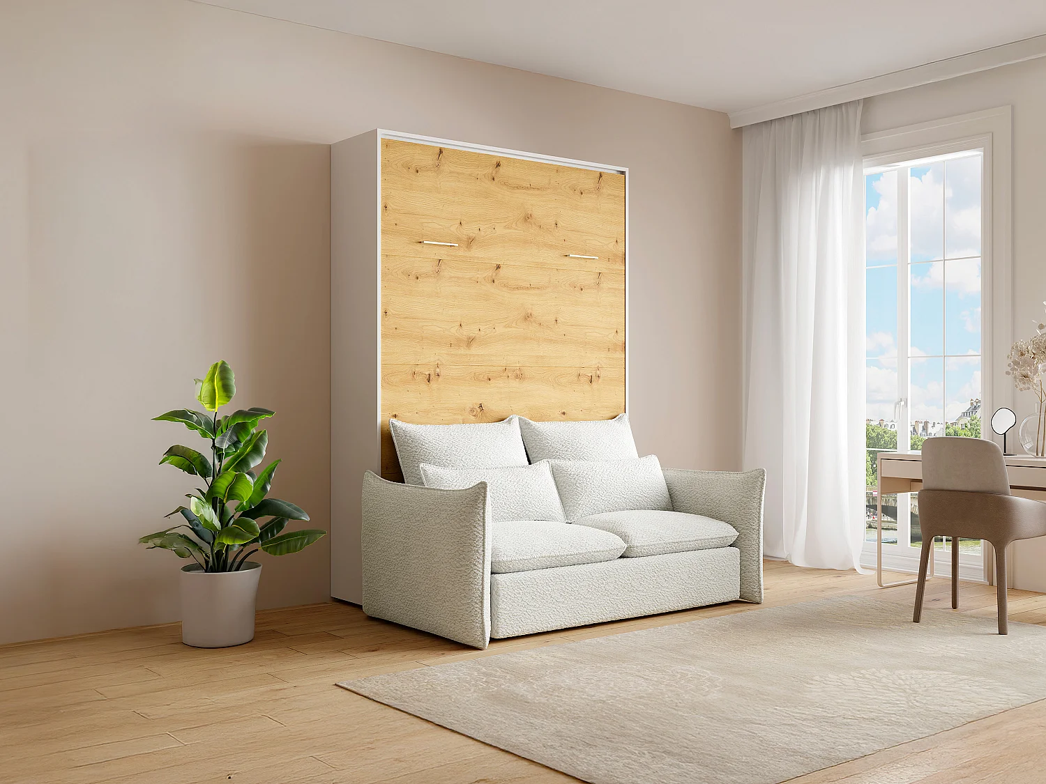 Łóżko chowane w szafie 140 x 200 cm – Ręczne otwieranie pionowe – Kolor: Naturalny i biały + Materac + kanapa – BEGANIO 4624932