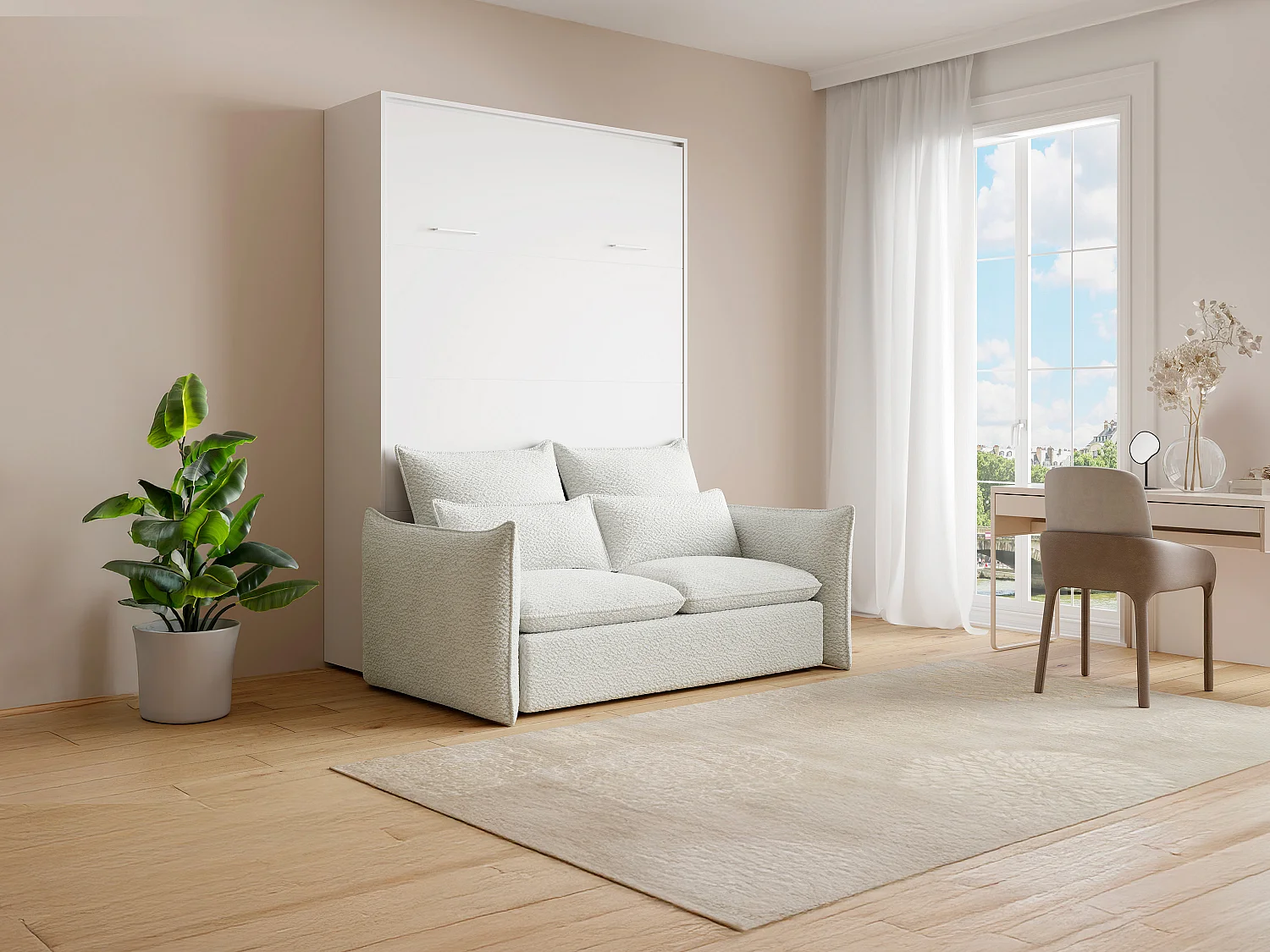 Łóżko chowane w szafie 140 x 200 cm – Ręczne otwieranie pionowe – Białe + Materac + kanapa – BEGANIO 4624930