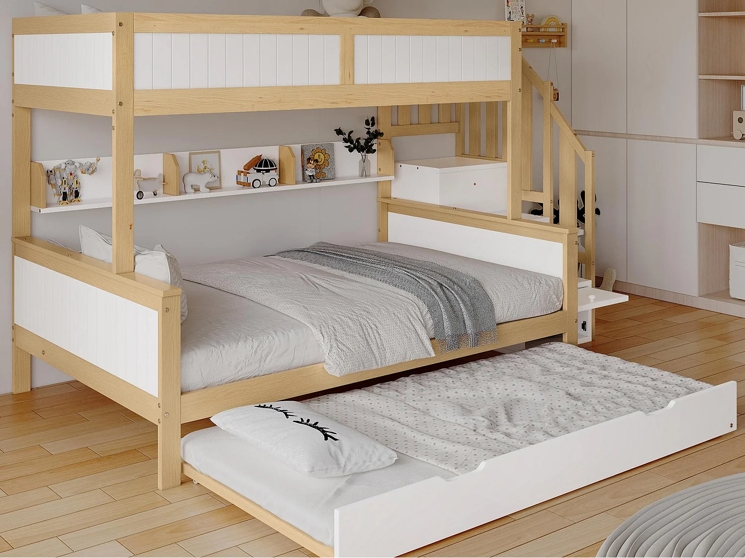 Łóżko piętrowe 90x200cm + 120x200cm + łóżko wysuwane 90x190cm – z półkami, szafą i schodami do przechowywania – z drewna sosnowego i MDF – Białe i Naturalne 3634233