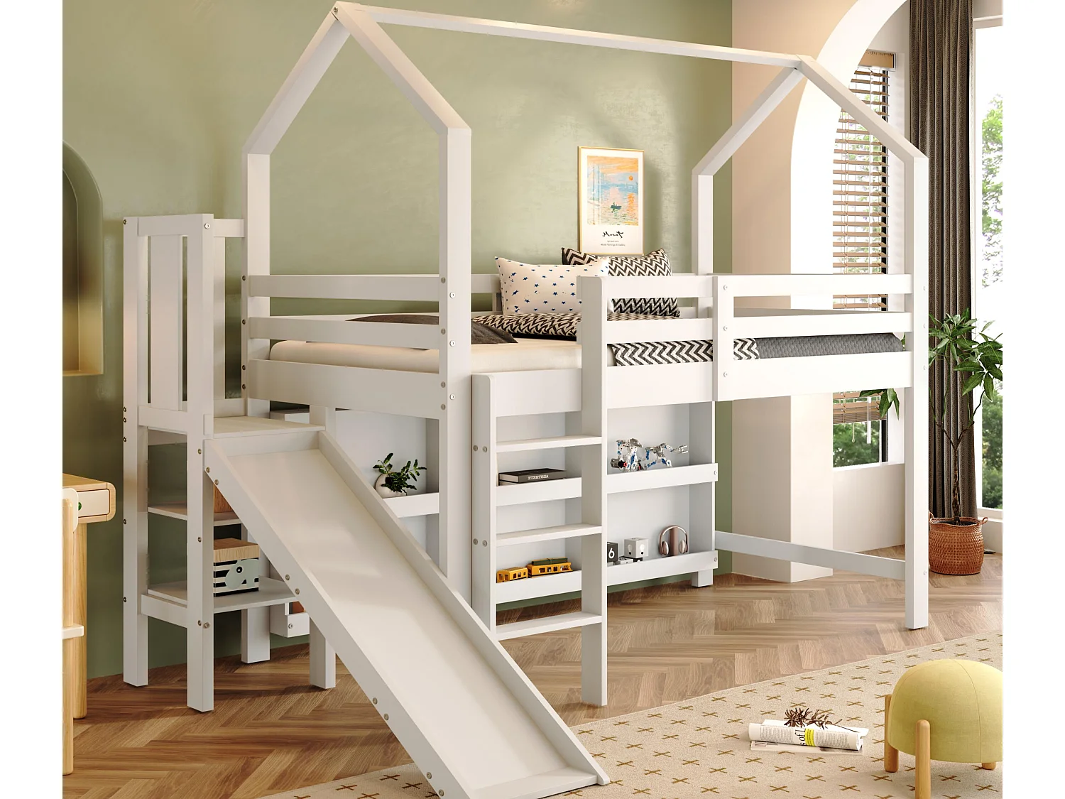 Łóżko mezzanine 90x200cm - z zjeżdżalnią + schodami + szafką + półką - z drewna sosnowego i MDF - Białe 3350490 - obrazek 1
