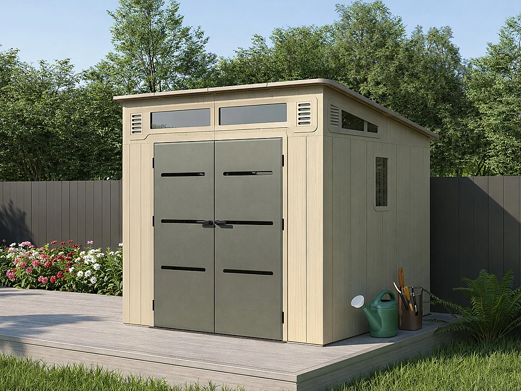 Domek ogrodowy z żywicy z dachem jednospadowym w kolorze beżowym i brązowym 6,5 m² z podłogą – grubość 22 mm – ANTEVA 4762898 - obrazek 1