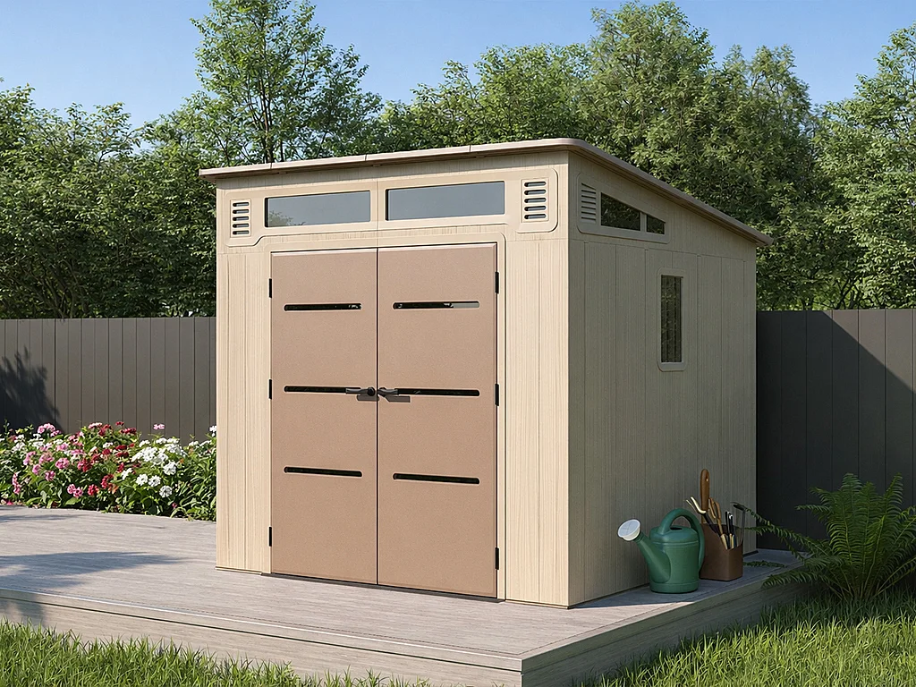 Domek ogrodowy z żywicy z dachem jednospadowym w kolorze beżowym i brązowym 6,5 m² z podłogą – grubość 22 mm – ANTEVA 4762897 - obrazek 1