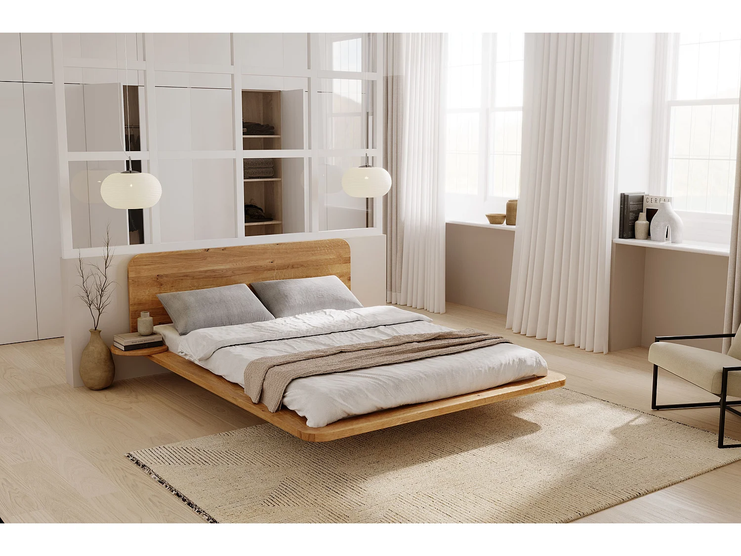Łóżko lewitujące dębowe JAPANDIC / 160x200, lakier naturalny 3598802 - obrazek 1