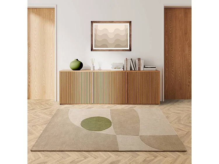 Dywan w stylu mid-century, ręcznie wykonany z 100% wełny - 120x170cm - kremowy, beżowy, zielony - Reef Horizon 4344427 - obrazek 1