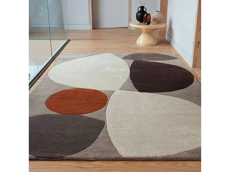 Dywan w stylu mid-century, ręcznie wykonany z 100% wełny - 120x170cm - szary, kremowy, pomarańczowy - Reef Mid Century 4344424 - obrazek 1