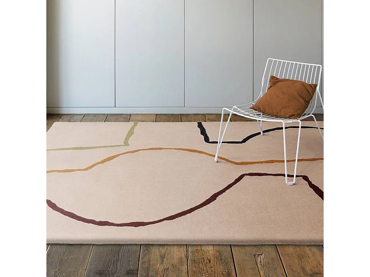 Dywan w stylu mid-century, ręcznie wykonany z 100% wełny - 120x170cm - kremowy, zielony, ochra, bordowy, czarny - Reef Linear 4344418 - obrazek 1