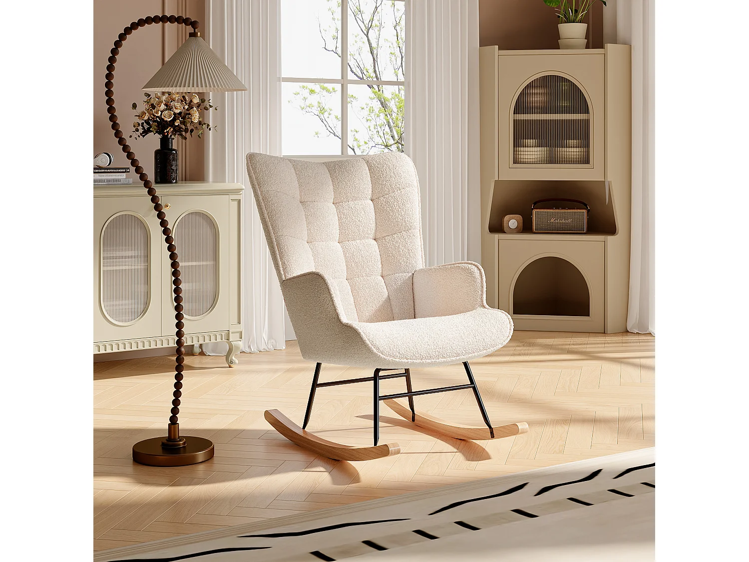 Ergonomiczny fotel bujany z beżowego pluszu Teddy z podłokietnikami, wysokim oparciem i drewniano-metalową konstrukcją, nowoczesny fotel relaksacyjny 4871348 - obrazek 1