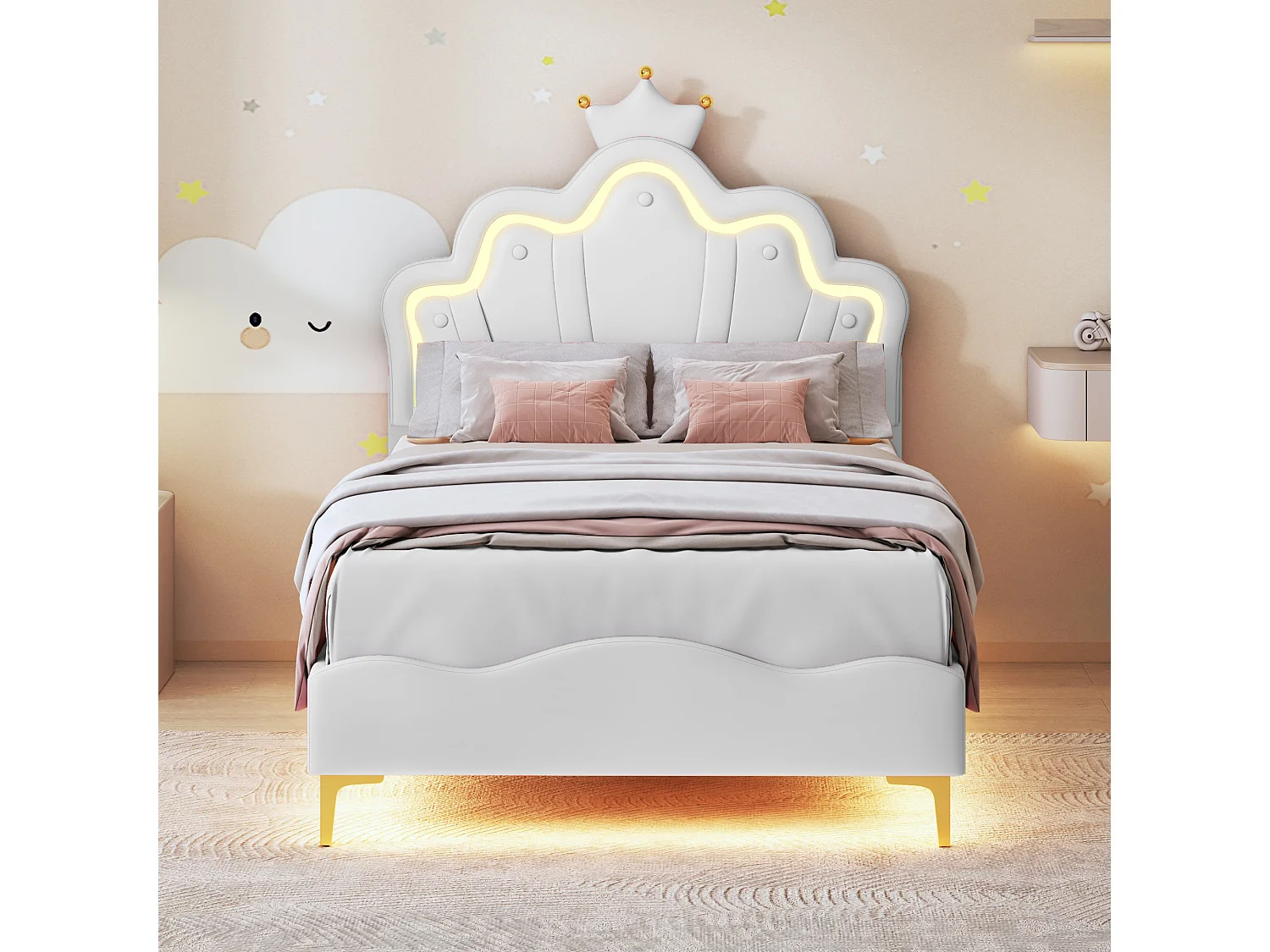 Biały Łóżko Dziecięce Princess 90x200cm z Podświetlaną Głowicą z Koroną LED 4871386