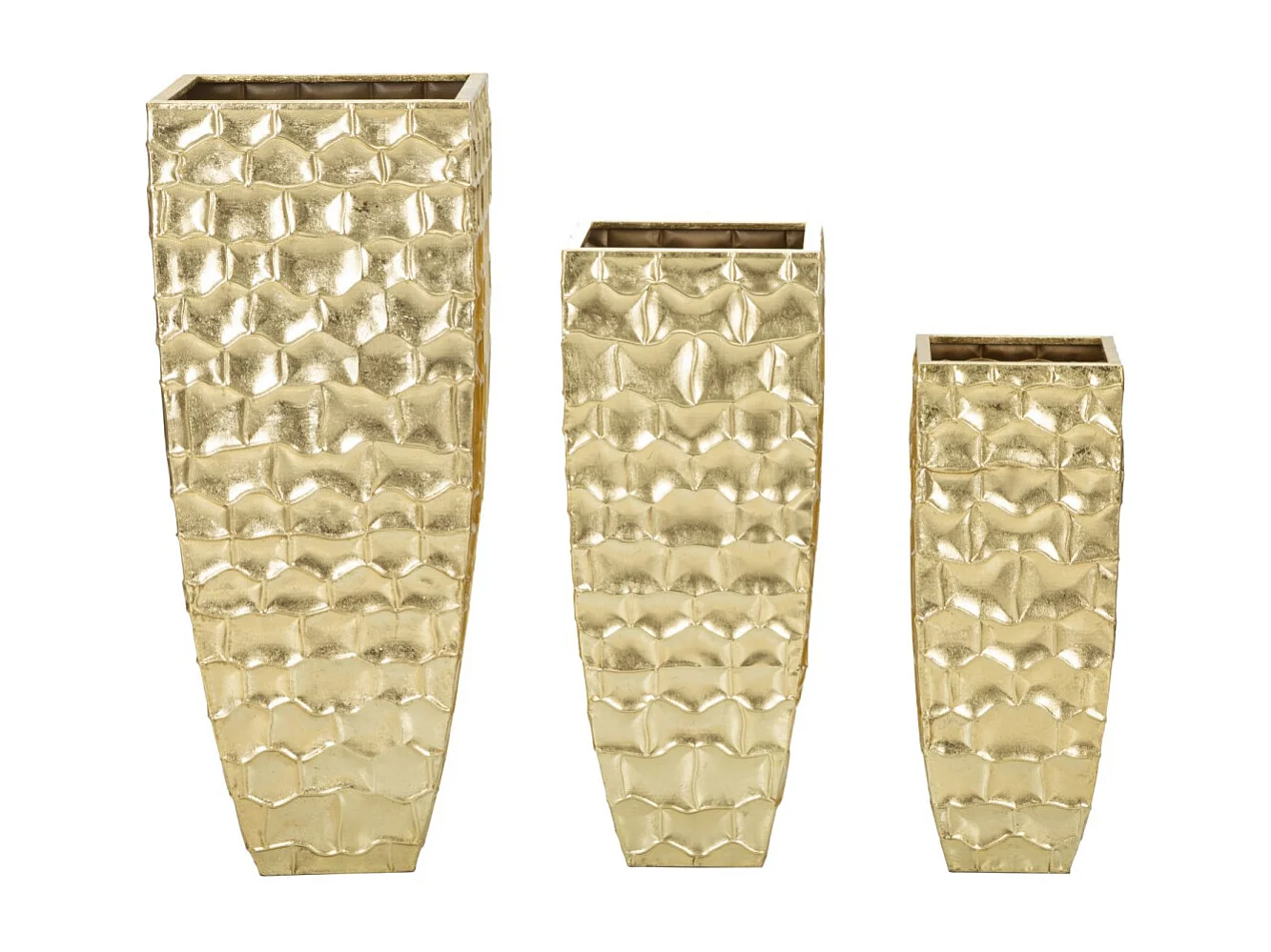 Zestaw 3 kwadratowych, złotych metalowych wazonów Glody – Trio z nieregularnymi, tłoczonymi zdobieniami w stylu glamour 3719765