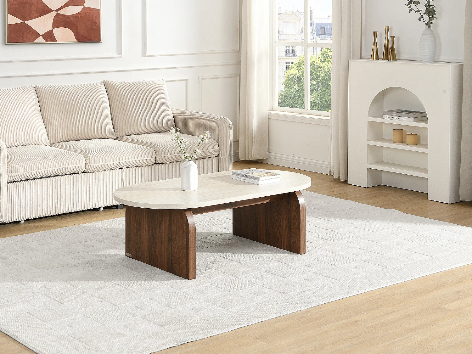 Stolik kawowy z MDF – Efekt trawertynu i naturalny – ELRADA 4422307