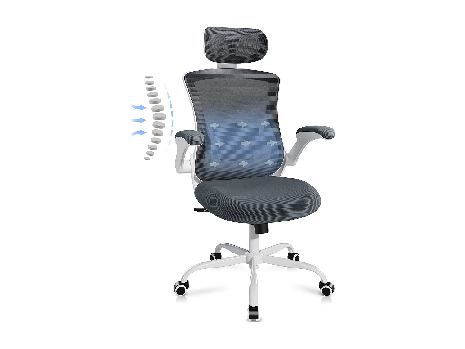 Ergonomiczne krzesło biurowe – Wysokie oparcie z siatki mesh, regulowane podparcie lędźwiowe i zagłówek, podnoszone podłokietniki – Szary 4841996