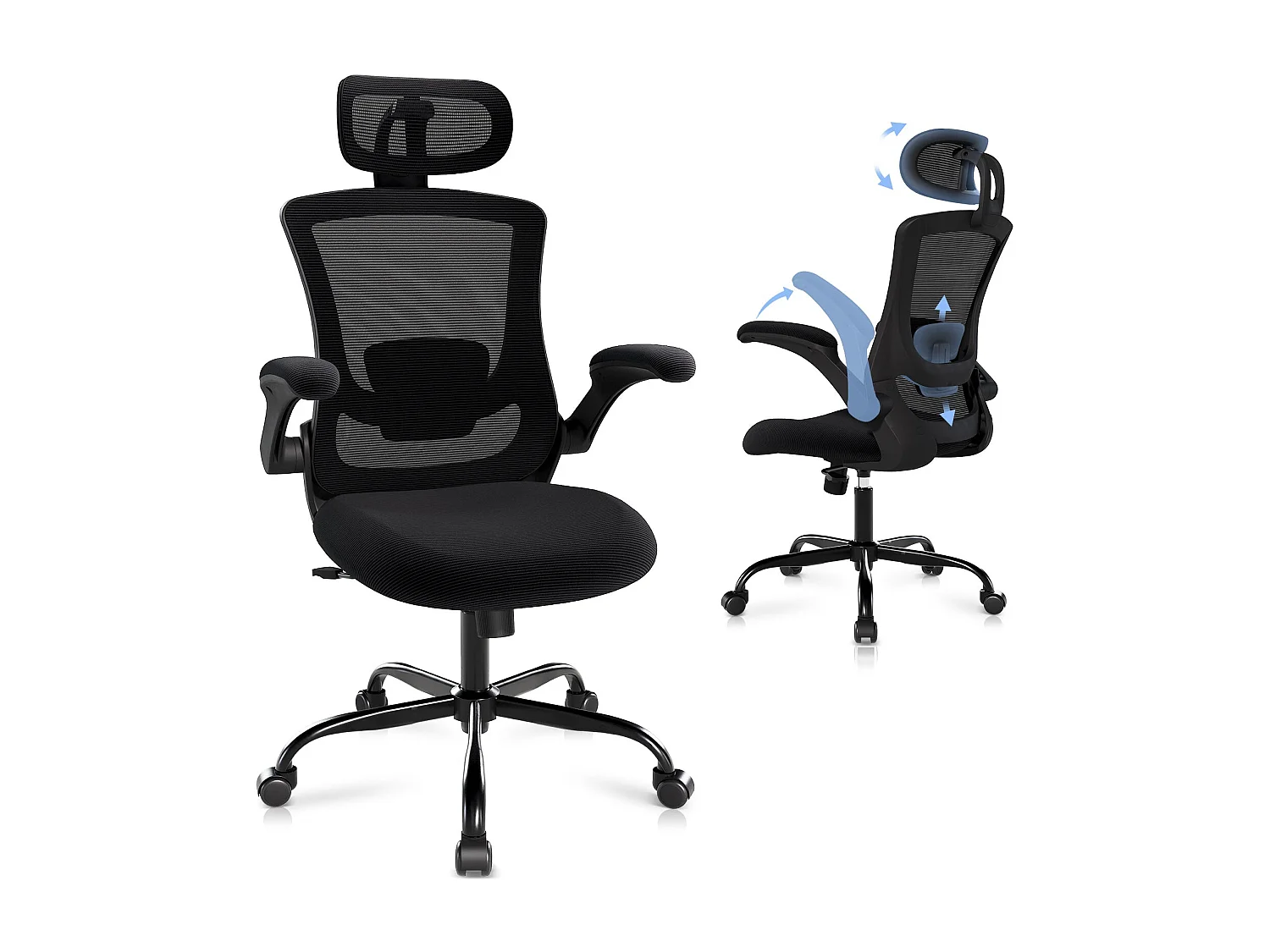 Ergonomiczny fotel biurowy – wysokie oparcie z siatki, regulowane podparcie lędźwiowe i zagłówek – czarny 4841999