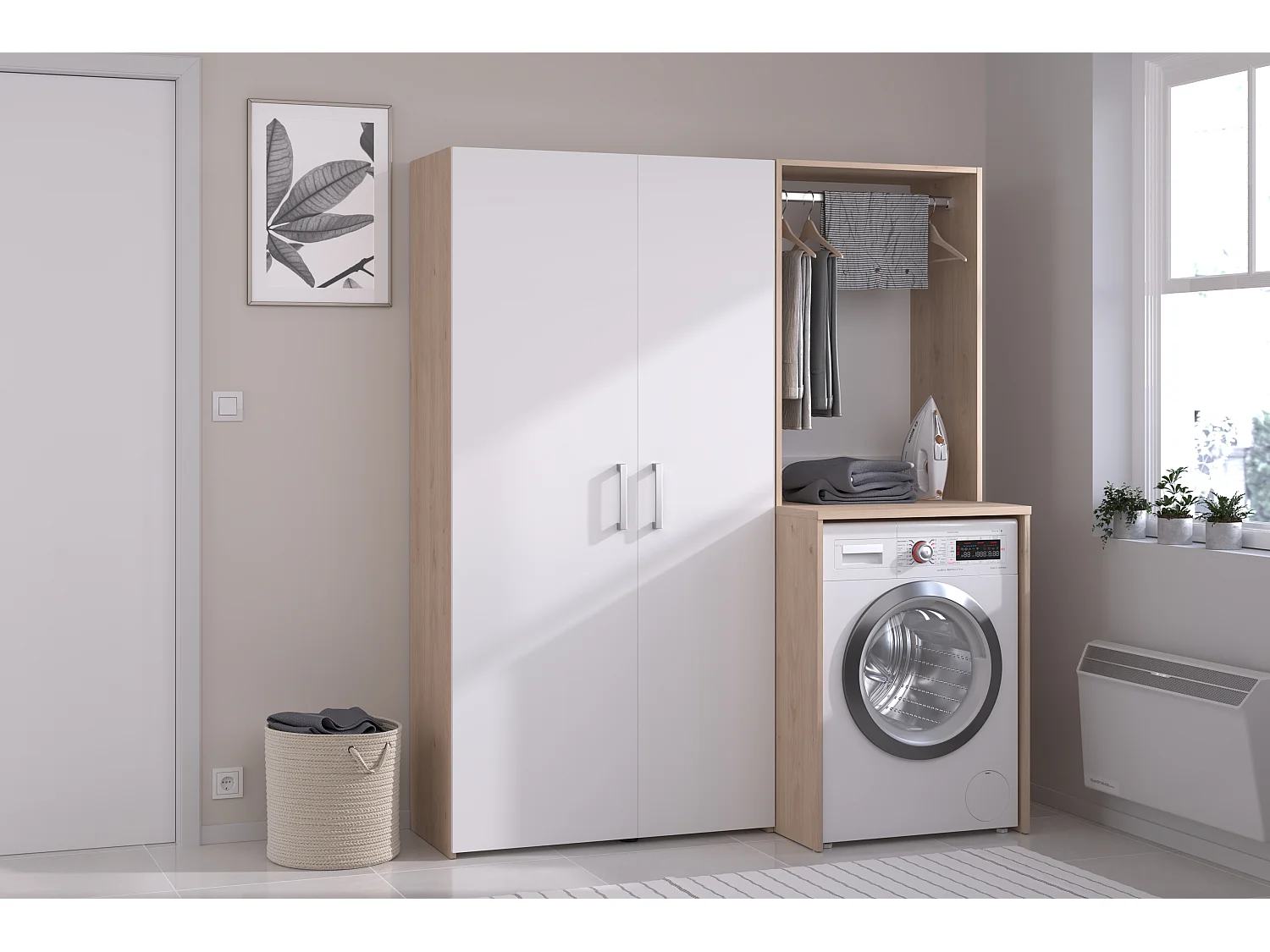 Mebel pod pralkę z szafą ubraniową i podwójną kolumną z drzwiami – Jasny naturalny i biały – S156 x W184 – ERKANO 4870749 - obrazek 1