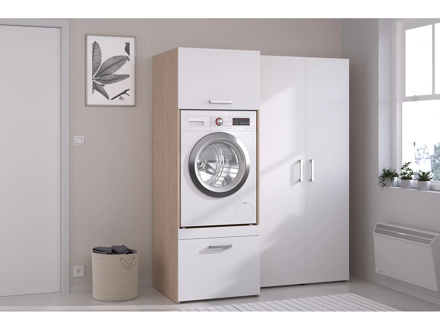 Mebel pod pralkę z szafkami i słupkiem z podwójnymi drzwiami – Jasny naturalny i biały – S156 x W184 – ERKANO 4870731 - obrazek 1