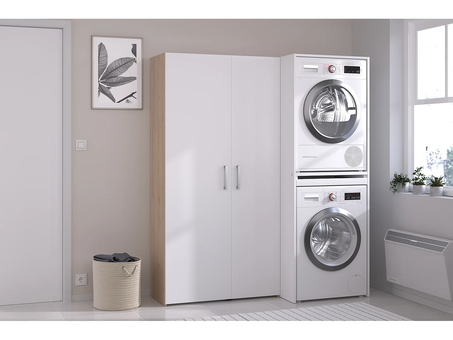 Mebel pod pralkę i suszarkę z podwójną szafką słupkową – Jasny naturalny i biały – S156 x W184 cm – ERKANO 4870746