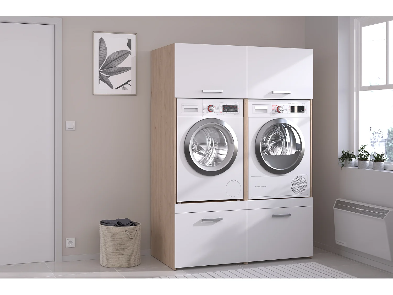 Mebel pod 2 pralki z szafkami górnymi – Jasny naturalny i biały – S128 x W184 – ERKANO 4870751 - obrazek 1
