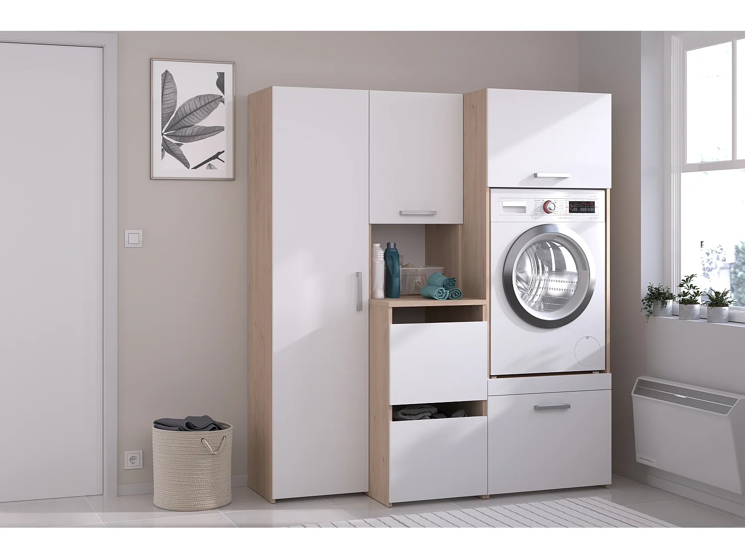 Mebel pod pralkę z szafkami i słupkiem do przechowywania – Jasny naturalny i biały – S156 x W184 – ERKANO 4870753 - obrazek 1
